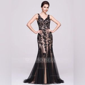 JJ’s House Trumpet/Mermaid Vneck Train Tulle Lace Evening Gown #66940